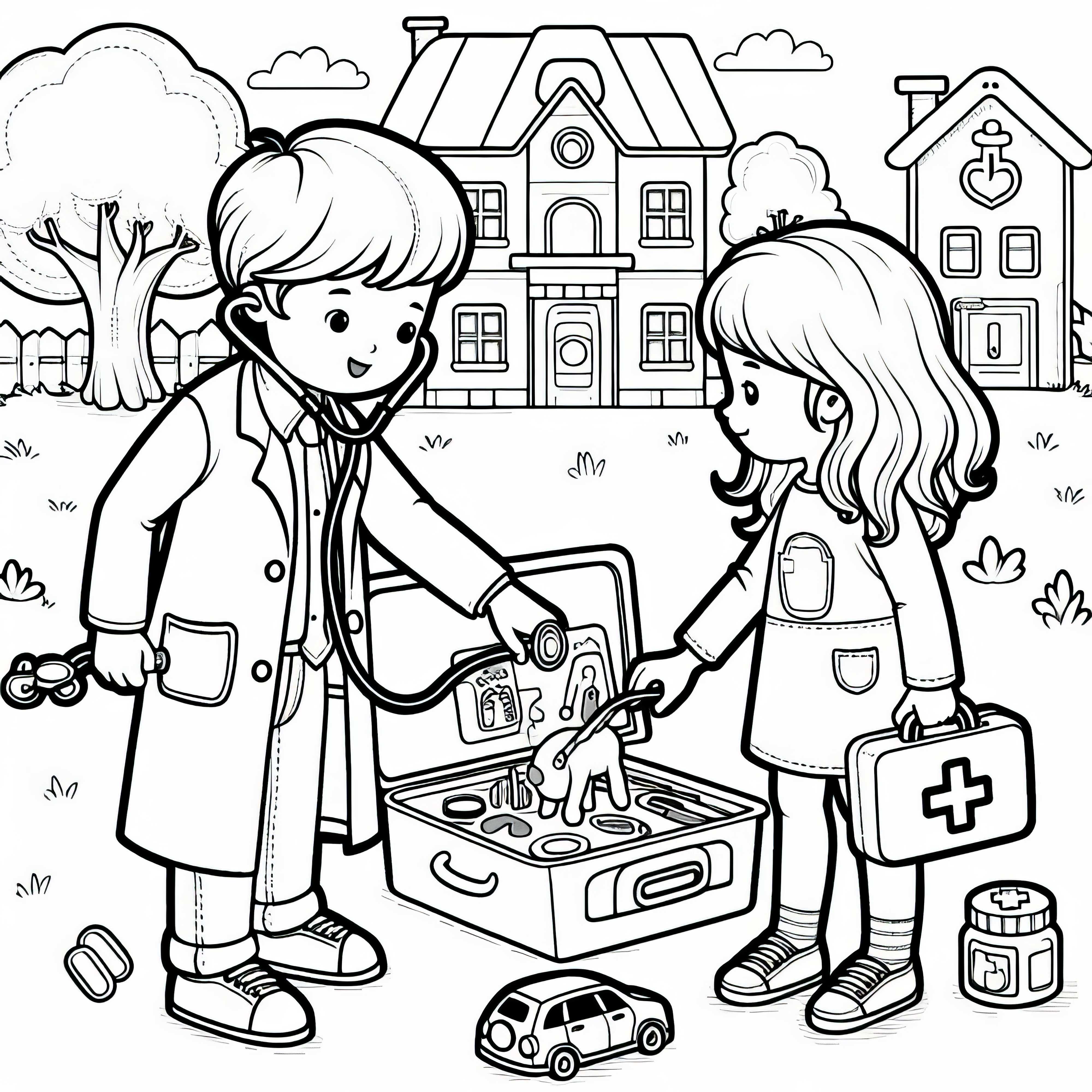 Два ребенка играют в врача и пациента с врачебным чемоданом - бесплатная раскраска