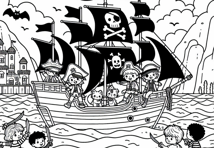 Дети играют в пиратов и плывут на пиратском корабле по воображаемому морю – раскраска бесплатно
