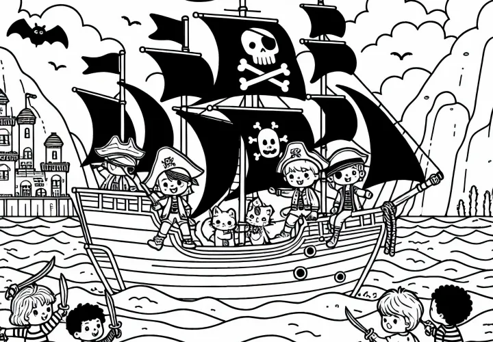 Дети играют в пиратов и плывут на пиратском корабле по воображаемому морю – раскраска бесплатно