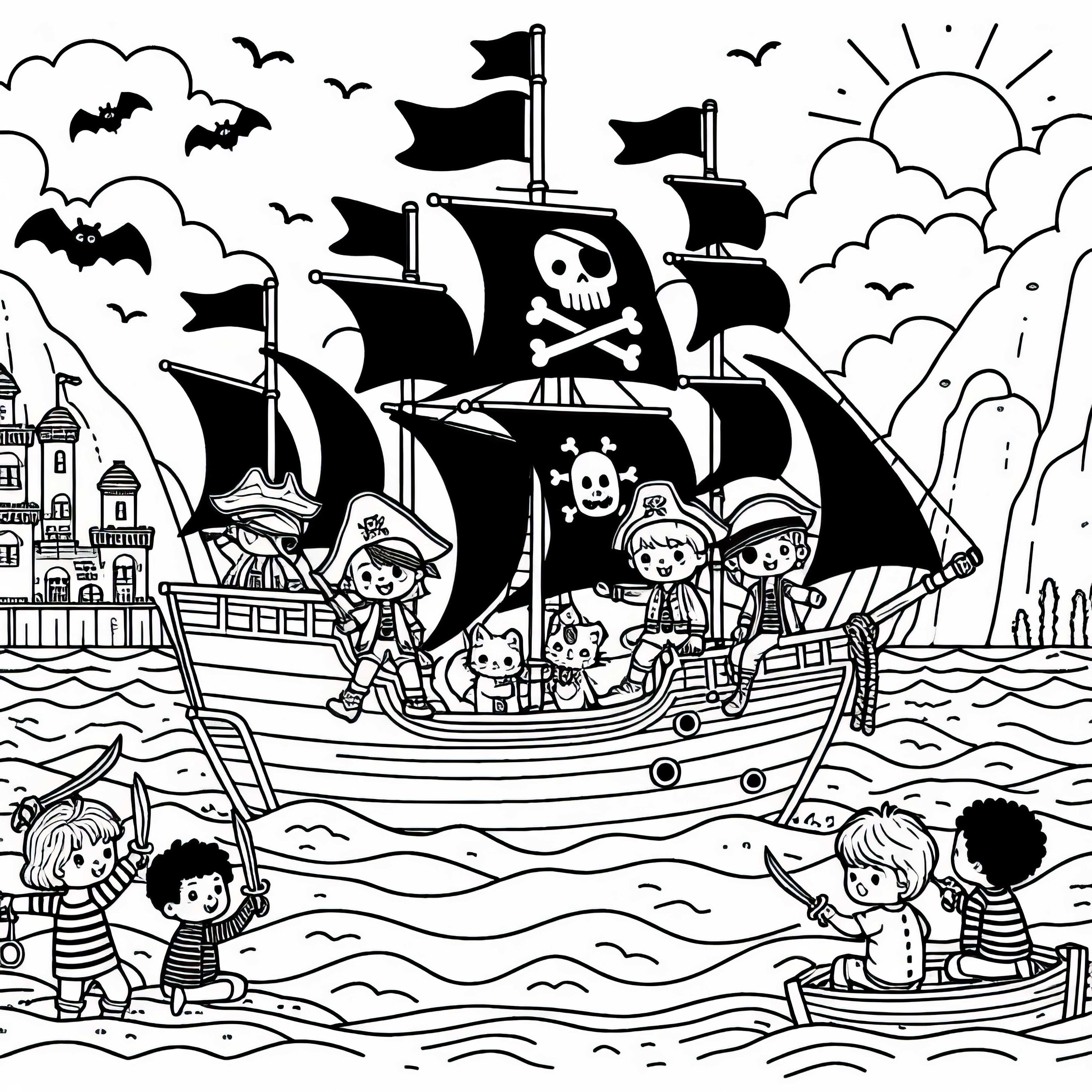 Дети играют в пиратов и плывут на пиратском корабле по воображаемому морю – раскраска бесплатно Дети играют в пиратов и плывут на пиратском корабле по воображаемому морю – бесплатная раскраска