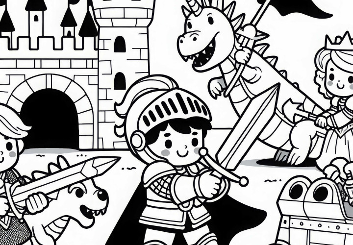 Дети как рыцари защищают свой рыцарский замок от игрушечных драконов – бесплатный шаблон для раскрашивания