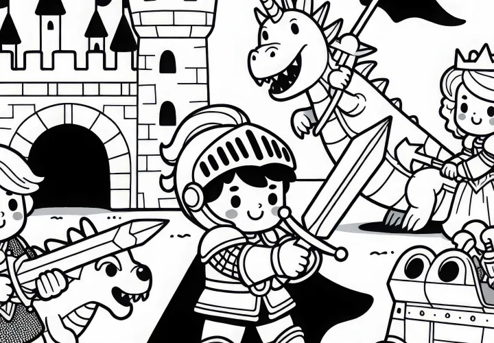 Дети как рыцари защищают свой рыцарский замок от игрушечных драконов – бесплатный шаблон для раскрашивания