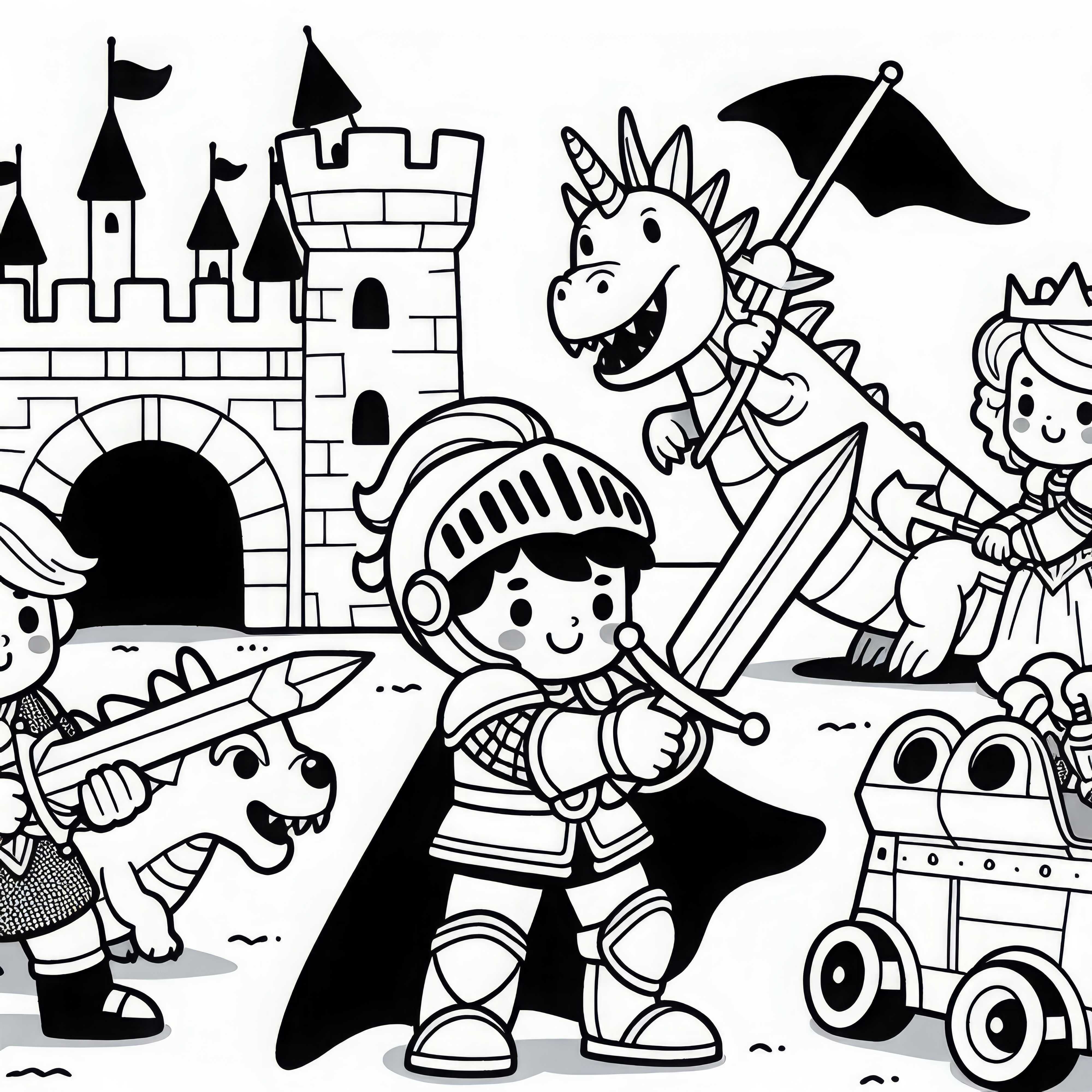 Дети, как рыцари, защищают свой рыцарский замок от игрушечных драконов – бесплатная раскраска Дети как рыцари защищают свой рыцарский замок от игрушечных драконов – бесплатная раскраска