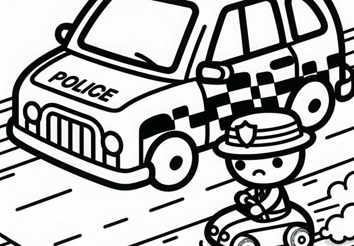 Игрушечная полицейская машина гонится за маленьким игрушечным вором – Раскраска бесплатно для скачивания
