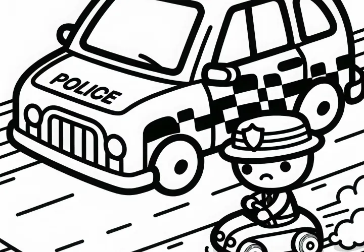 Игрушечная полицейская машина гонится за маленьким игрушечным вором – Раскраска бесплатно для скачивания