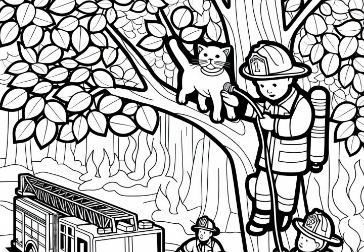 Детские пожарные спасают кошку с дерева – Бесплатная раскраска