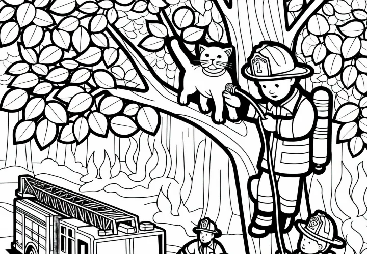 Детские пожарные спасают кошку с дерева – Бесплатная раскраска