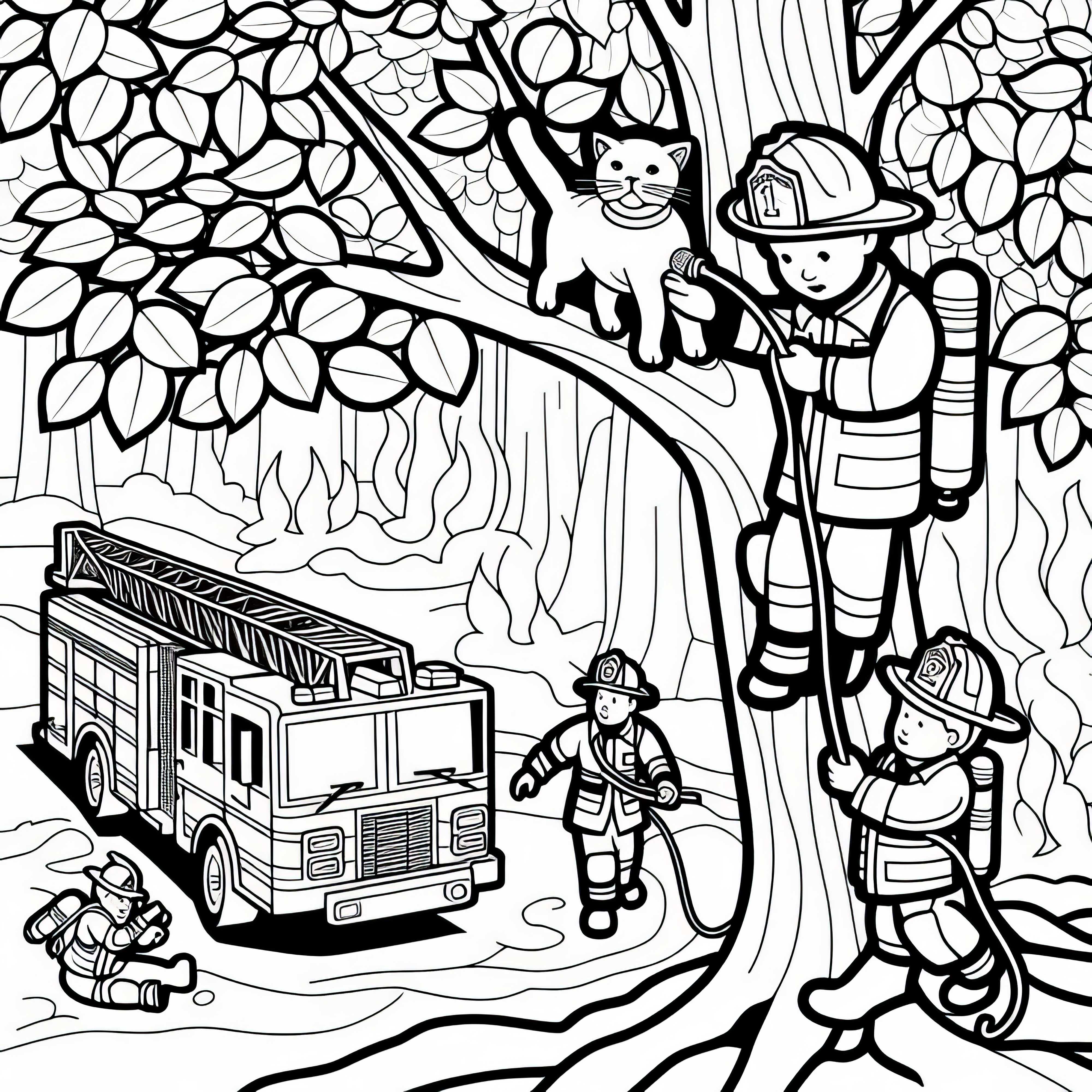Игрушечные пожарные спасают кошку с дерева – бесплатная раскраска Игрушечные пожарные спасают кошку с дерева – Бесплатная раскраска
