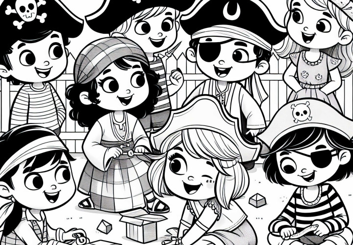 Дети креативно одеваются в пиратскую шляпу и повязку на глаз – раскраска бесплатно