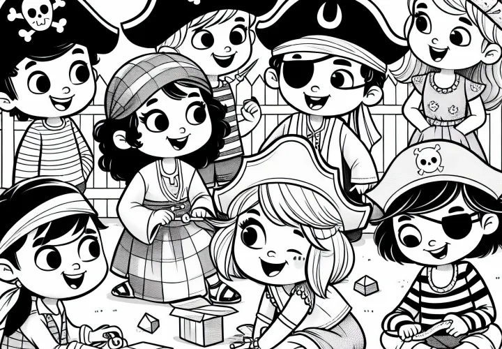 Дети креативно одеваются в пиратскую шляпу и повязку на глаз – раскраска бесплатно