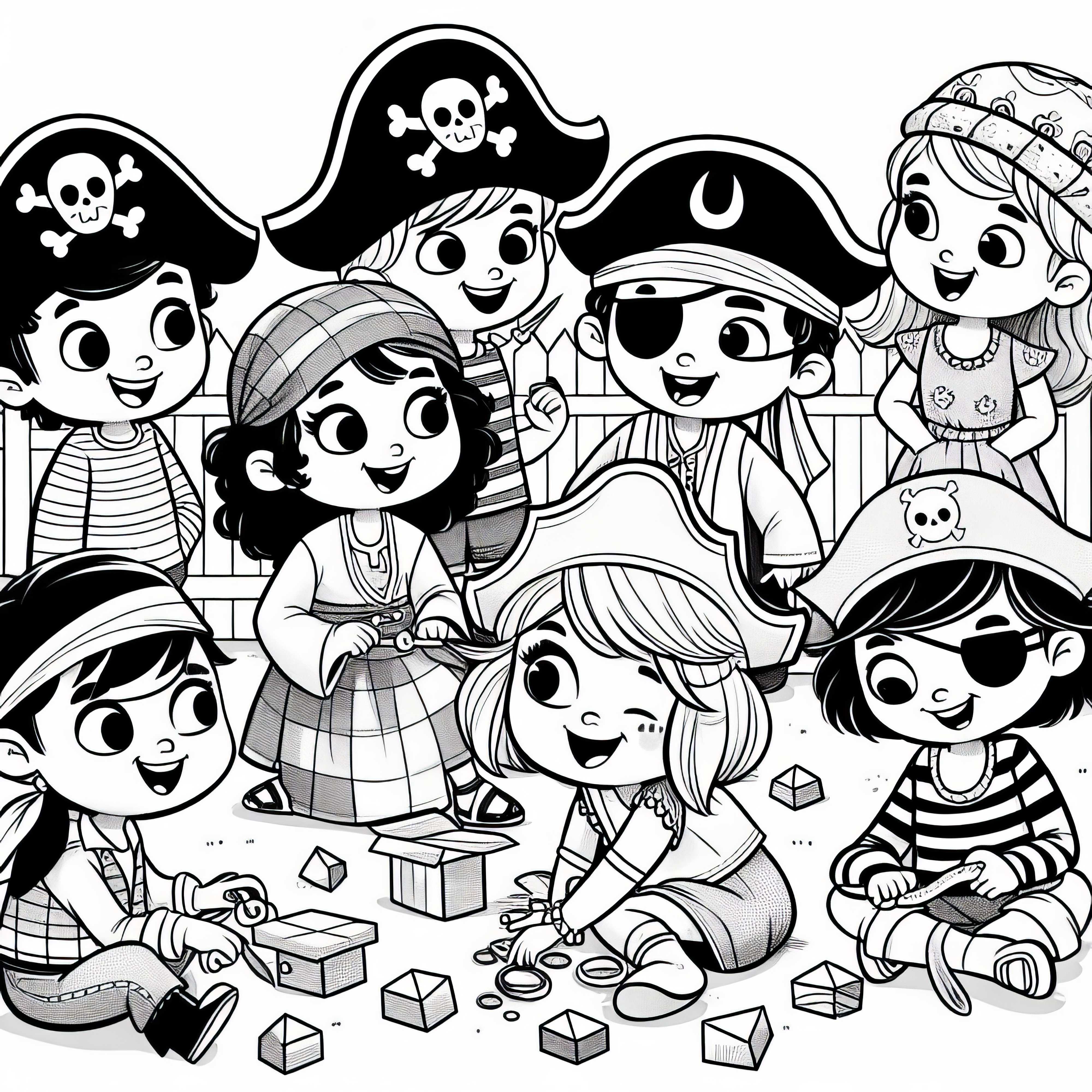 Дети наряжаются фантазийно в пиратскую шляпу и повязку на глаз – бесплатная раскраска Дети наряжаются фантазийно в пиратскую шляпу и повязку на глаз – Раскраска бесплатно