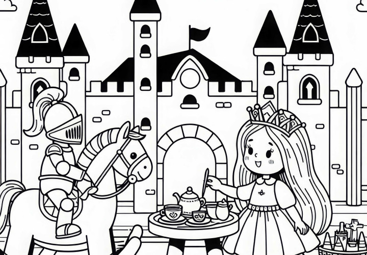Ребёнок играет в королеву и посещает рыцарский замок во время чаепития – бесплатная раскраска