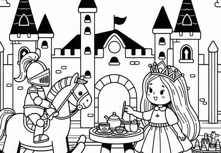 Ребёнок играет в королеву и посещает рыцарский замок во время чаепития – бесплатная раскраска