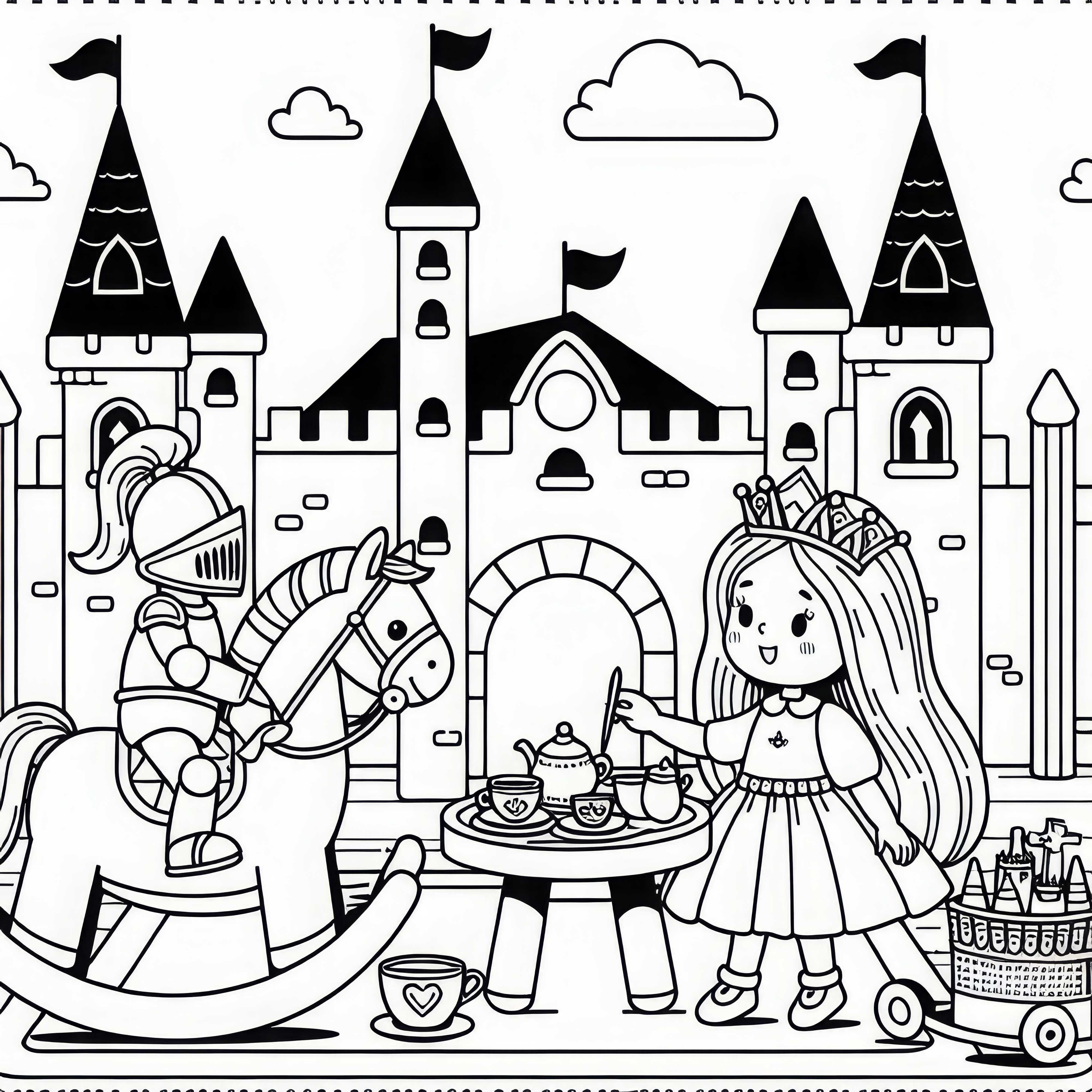 Ребёнок играет в королеву и посещает рыцарский замок во время чаепития – бесплатная раскраска Ребёнок играет в королеву и посещает рыцарский замок во время чаепития – раскраска бесплатно