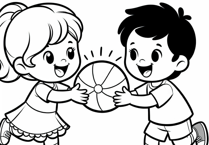 Два ребенка весело бросают друг другу мяч – раскраска бесплатно
