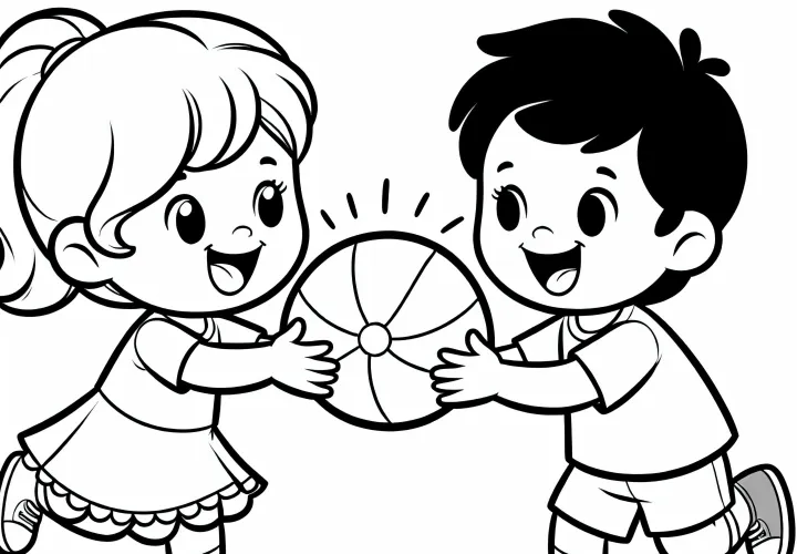 Два ребенка весело бросают друг другу мяч – раскраска бесплатно