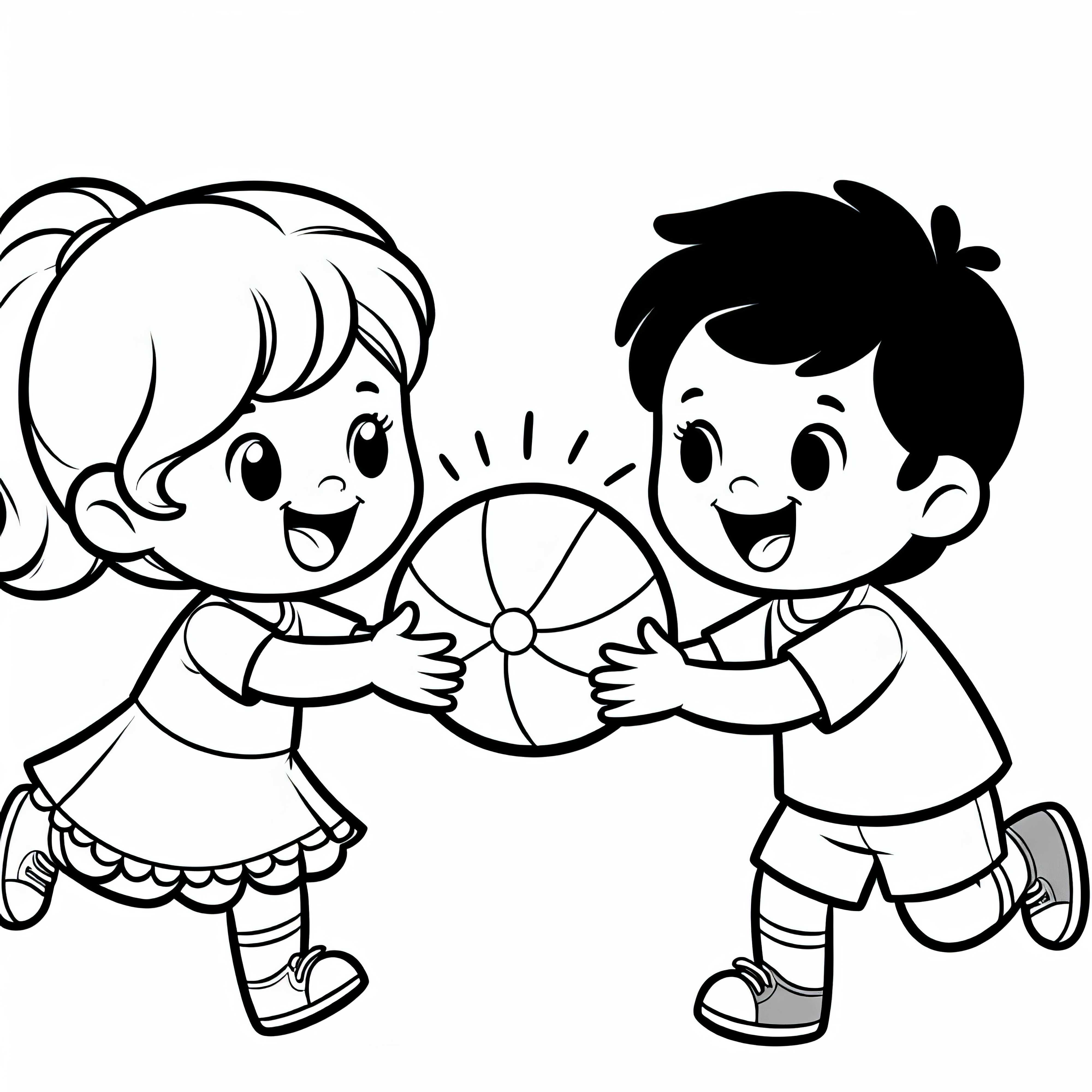 Два ребенка радостно бросают друг другу мяч - бесплатная раскраска Два ребенка радостно бросают друг другу мяч – раскраска бесплатно