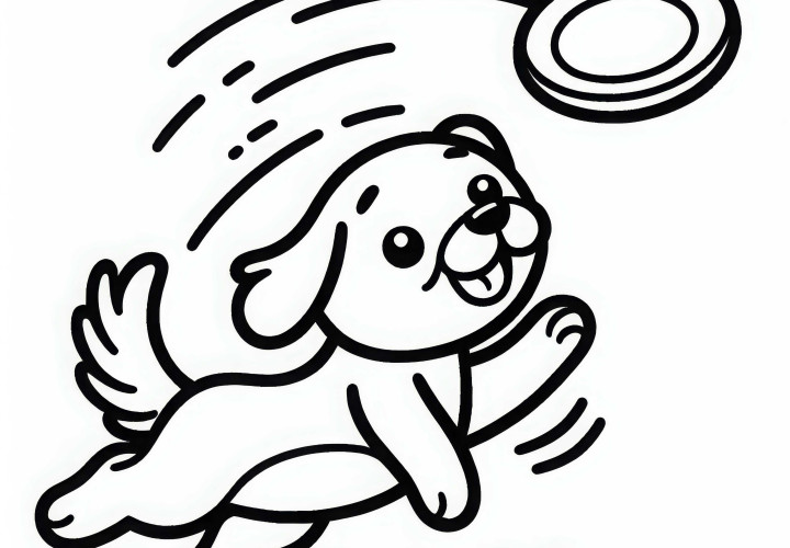 Собака гонится за летающим фрисби - бесплатная раскраска