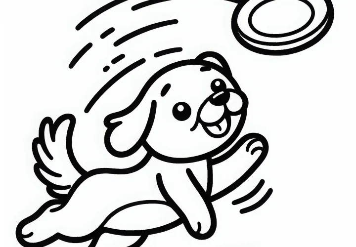 Собака гонится за летающим фрисби - бесплатная раскраска