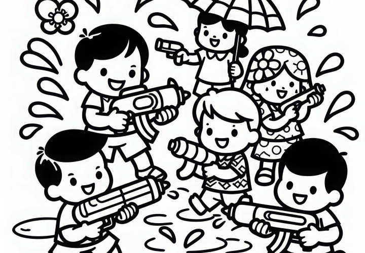 Дети на водной битве с водяными пистолетами – Раскраска бесплатно