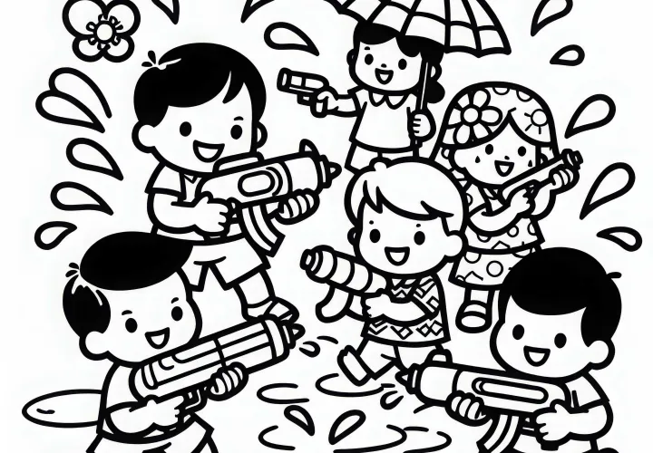 Дети на водной битве с водяными пистолетами – Раскраска бесплатно