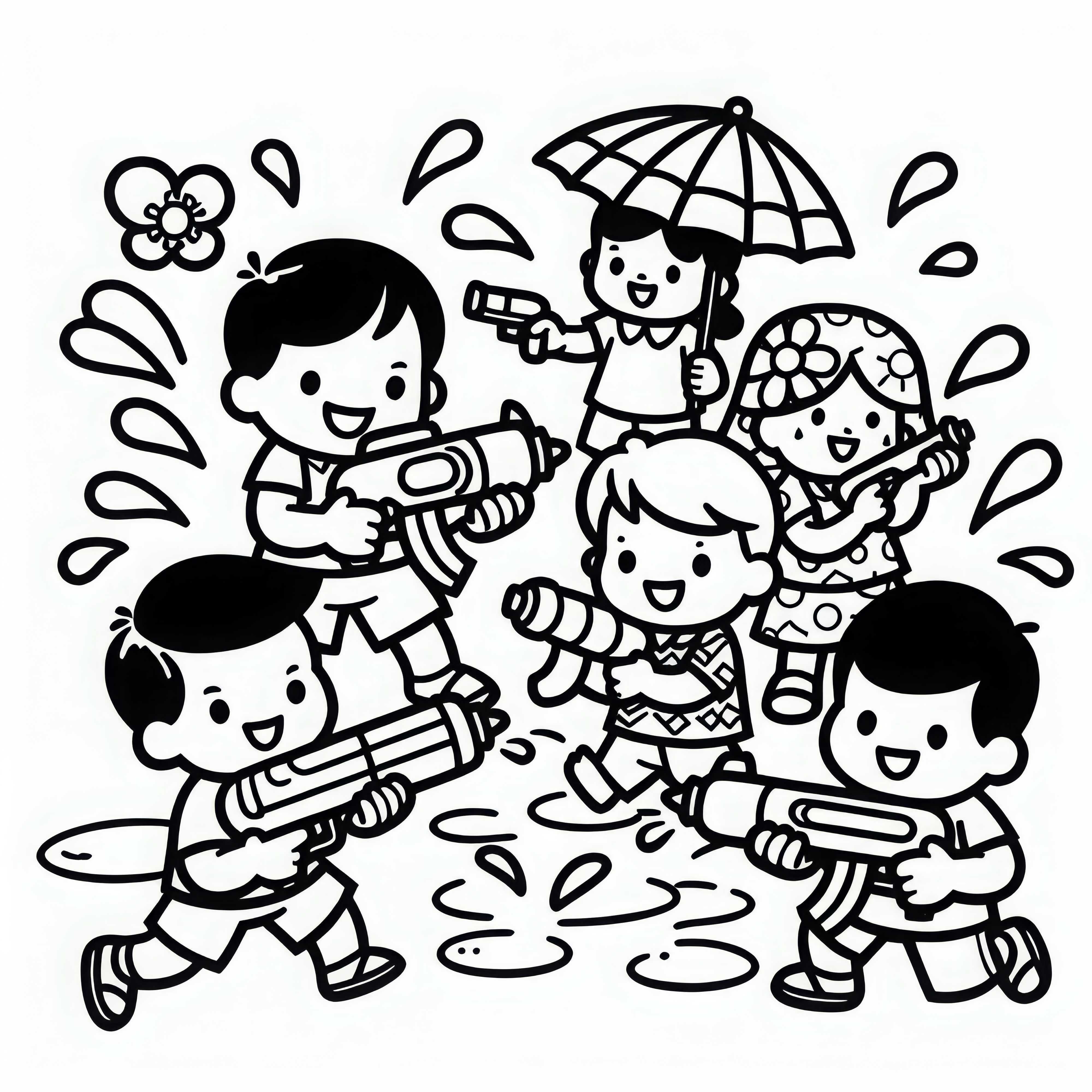 Дети на водной битве с водяными пистолетами – бесплатная раскраска Дети на водной битве с водяными пистолетами – Бесплатная распечатка для раскрашивания