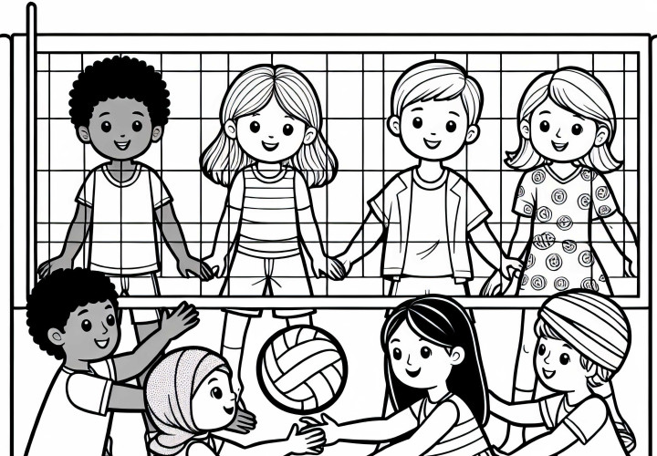 Дети играют в волейбол. Раскраска бесплатно