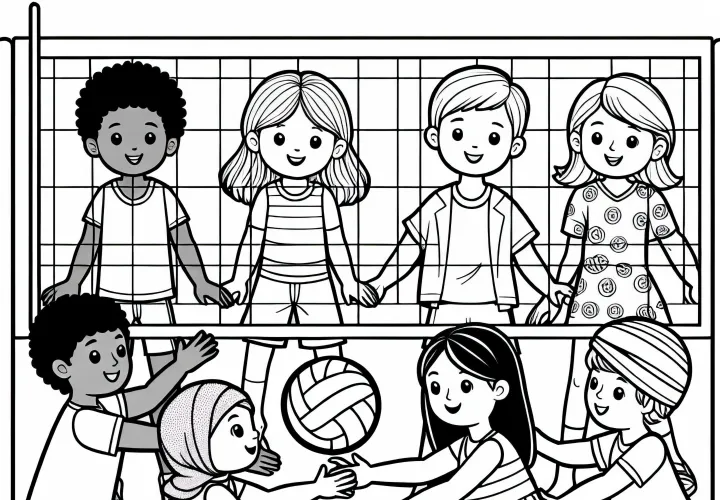 Дети играют в волейбол. Раскраска бесплатно