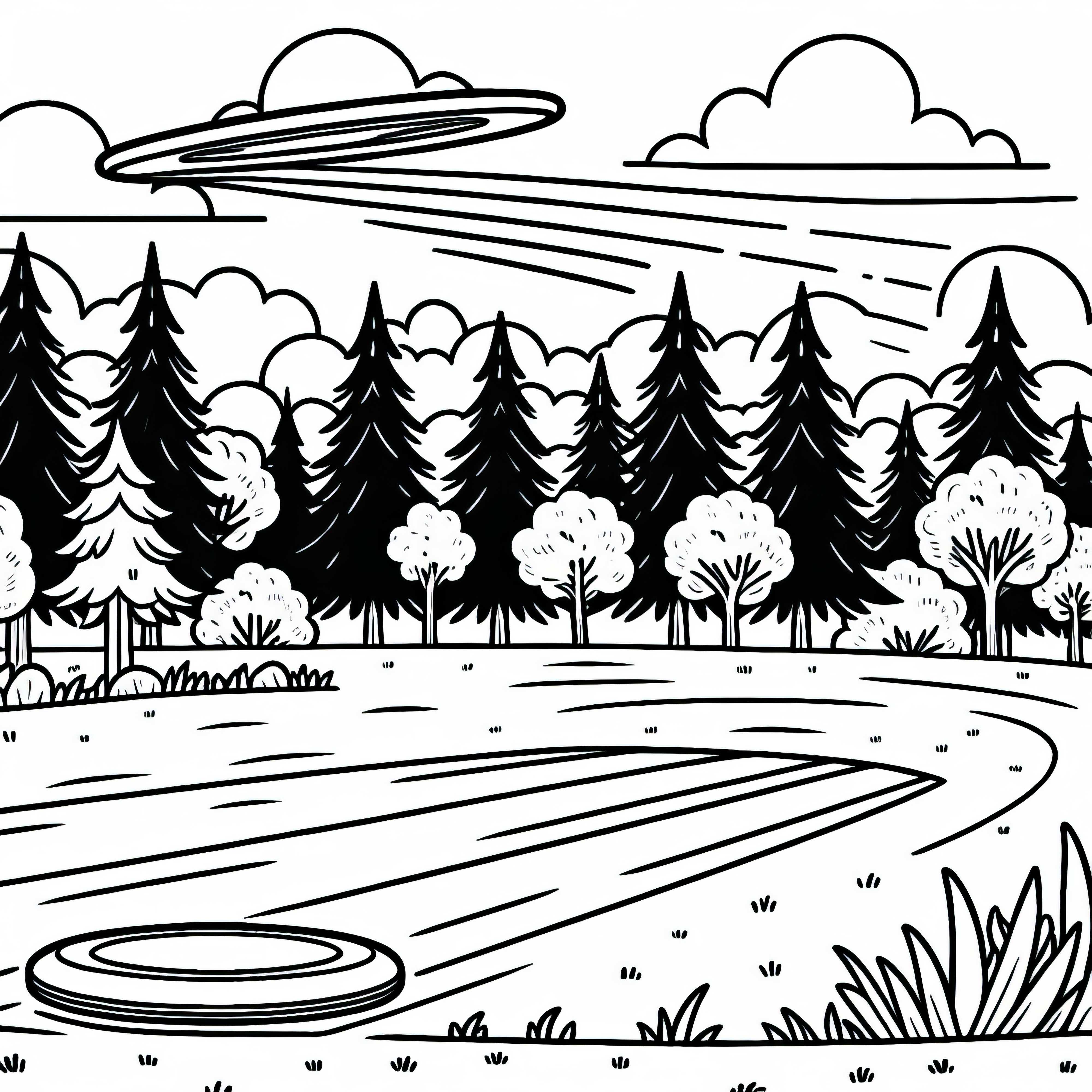 Фрисби элегантно летит через парк: Бесплатная раскраска Фрисби элегантно летит по парку: бесплатный контур для раскрашивания