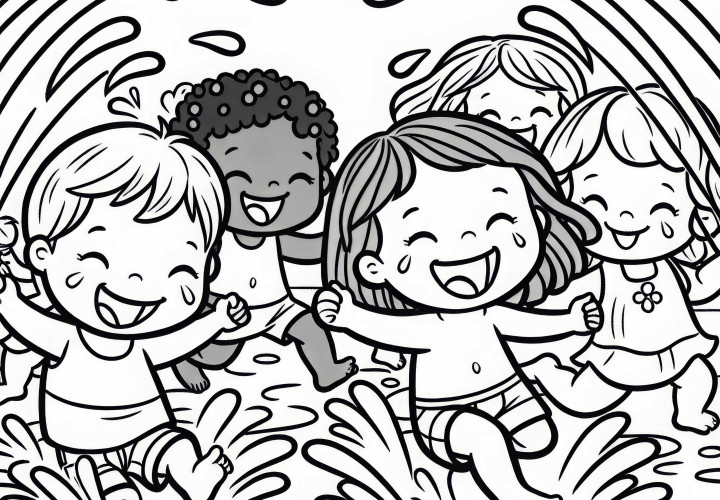 Дети бегут, смеясь, к водным струям – Бесплатная раскраска