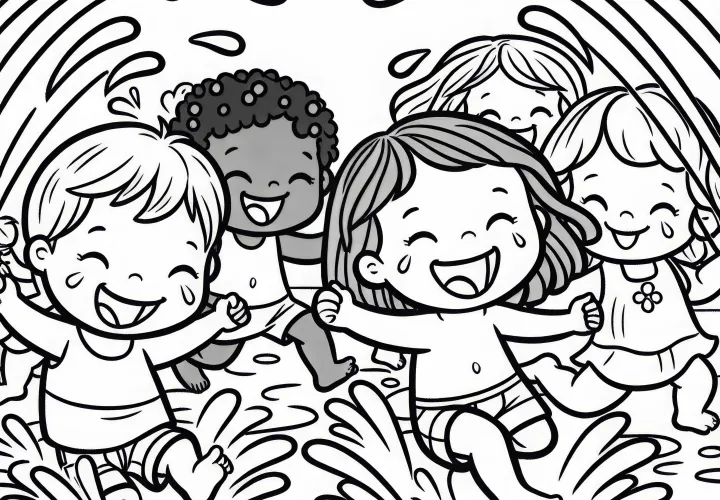 Дети бегут, смеясь, к водным струям – Бесплатная раскраска