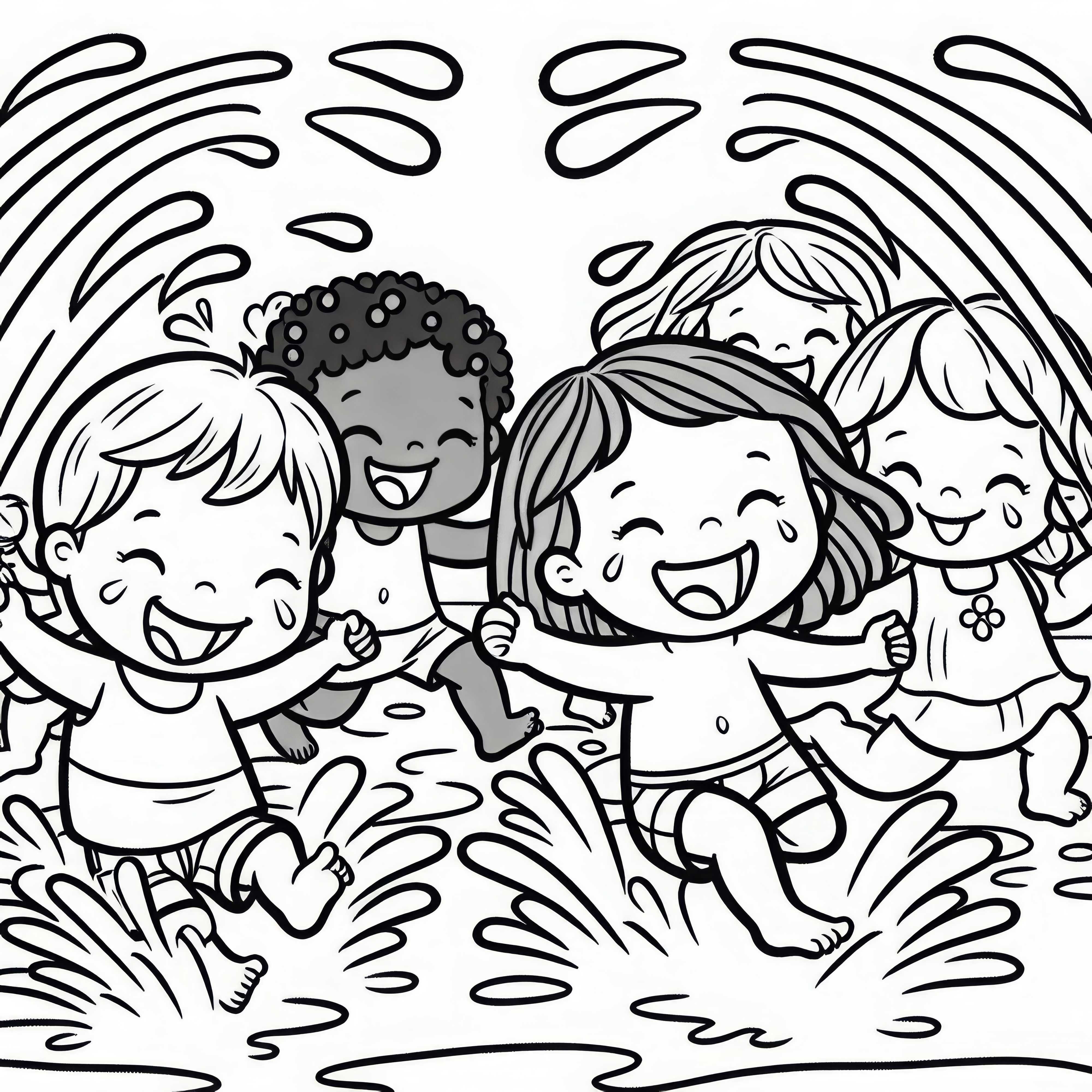 Дети бегут, смеясь, перед струями воды – Бесплатная раскраска Дети бегут, смеясь, перед водяными струями – Бесплатная раскраска