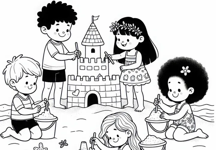 Дети строят фантазийный песчаный замок на пляже - скачать бесплатный рисунок для раскраски
