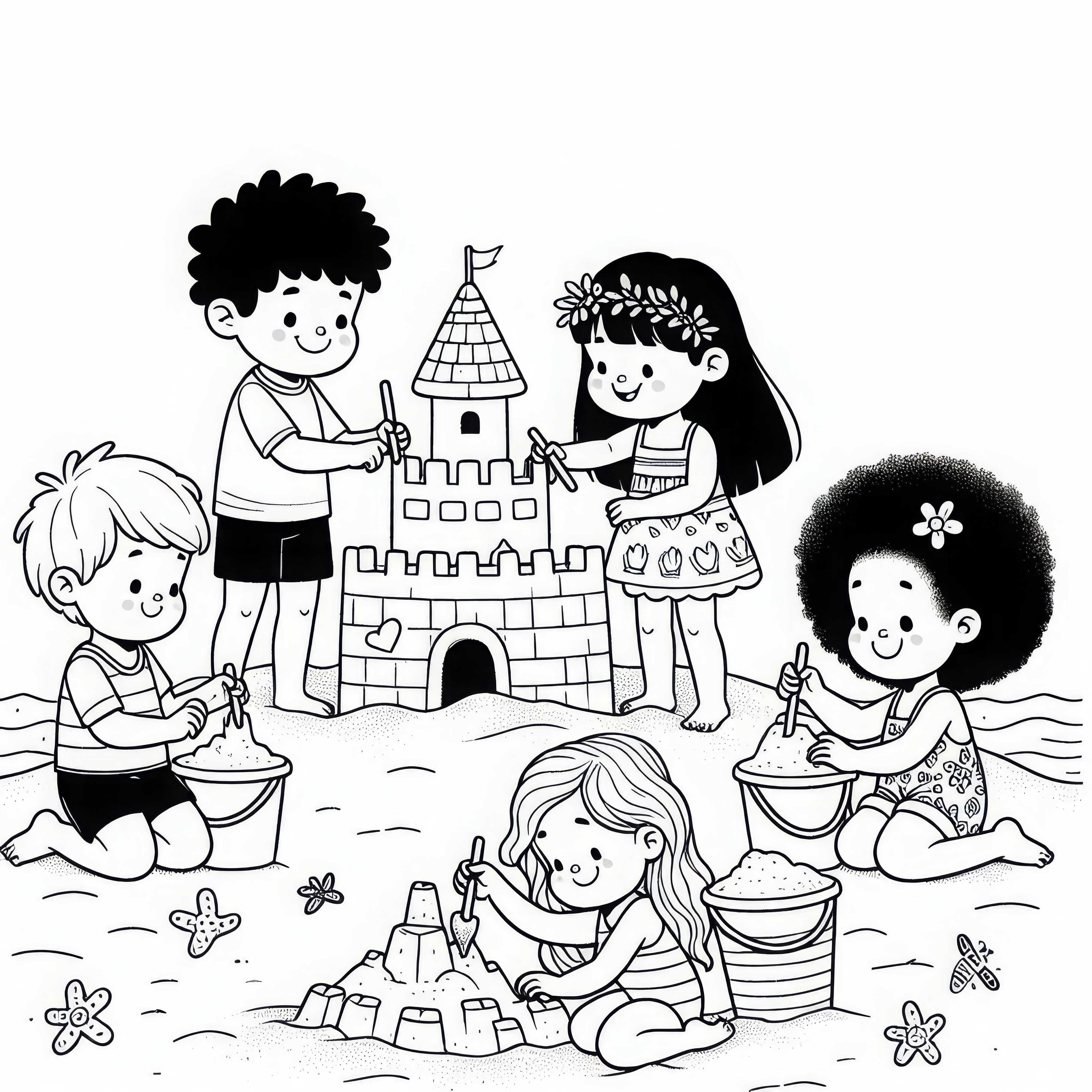 Дети строят фантастический песчаный замок на пляже – загрузите бесплатно раскраску Дети строят воображаемый песочный замок на пляже – бесплатно скачать раскраску