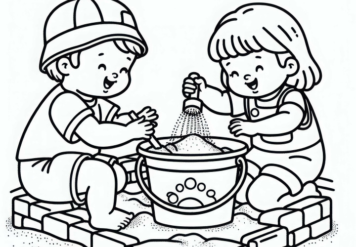 Дети наполняют ведра песком в песочнице – бесплатная раскраска