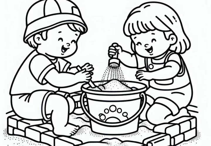 Дети наполняют ведра песком в песочнице – бесплатная раскраска