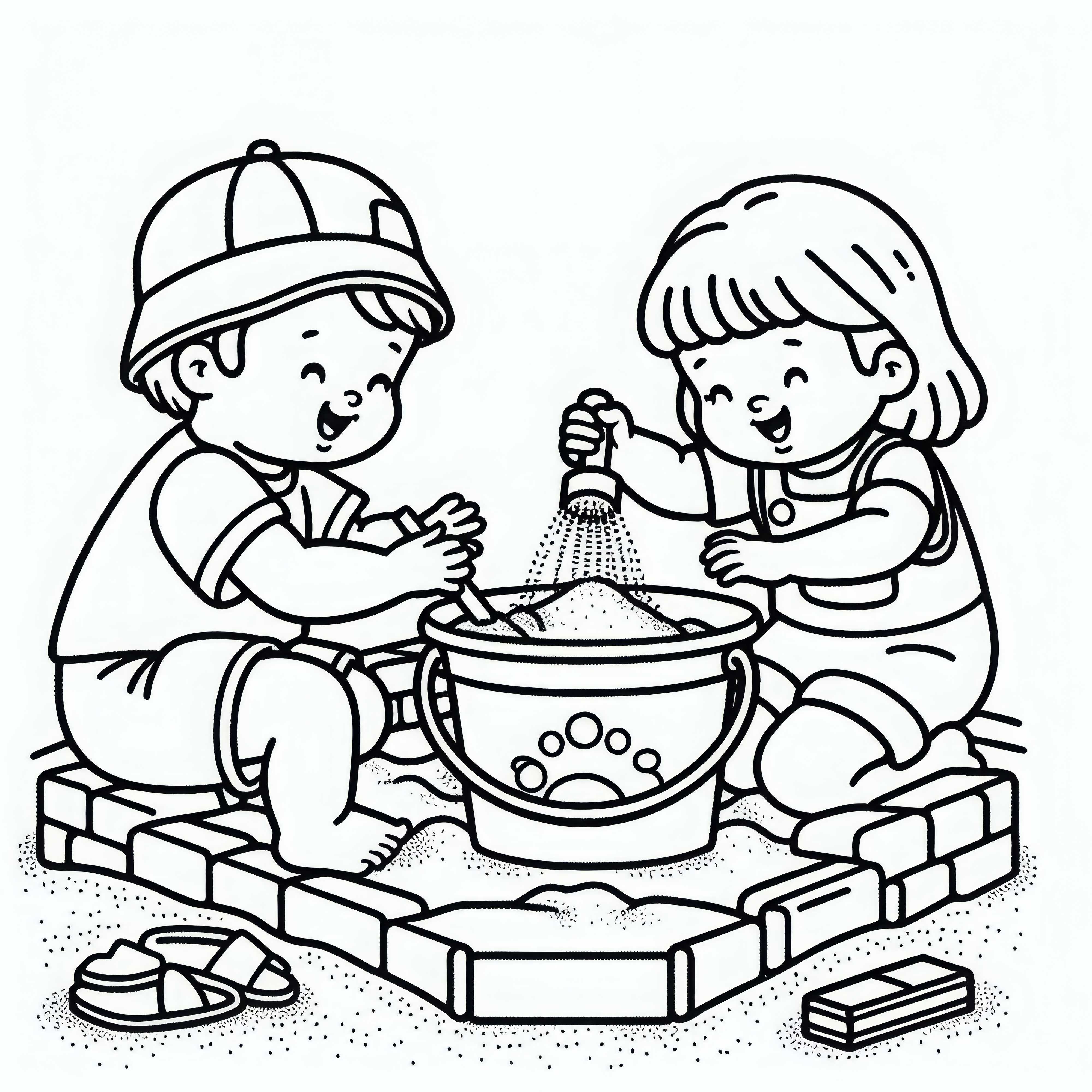 Дети наполняют ведра песком в песочнице – бесплатная раскраска Дети наполняют ведра песком в песочнице – раскраска бесплатно
