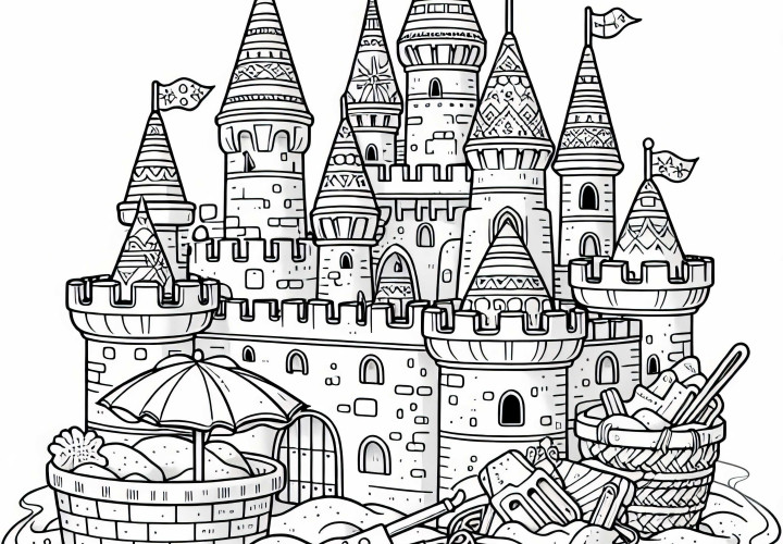 Большой песчаный замок с башнями и флагами в песочнице – бесплатная раскраска