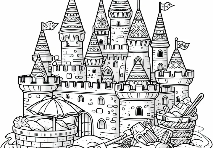 Большой песчаный замок с башнями и флагами в песочнице – бесплатная раскраска