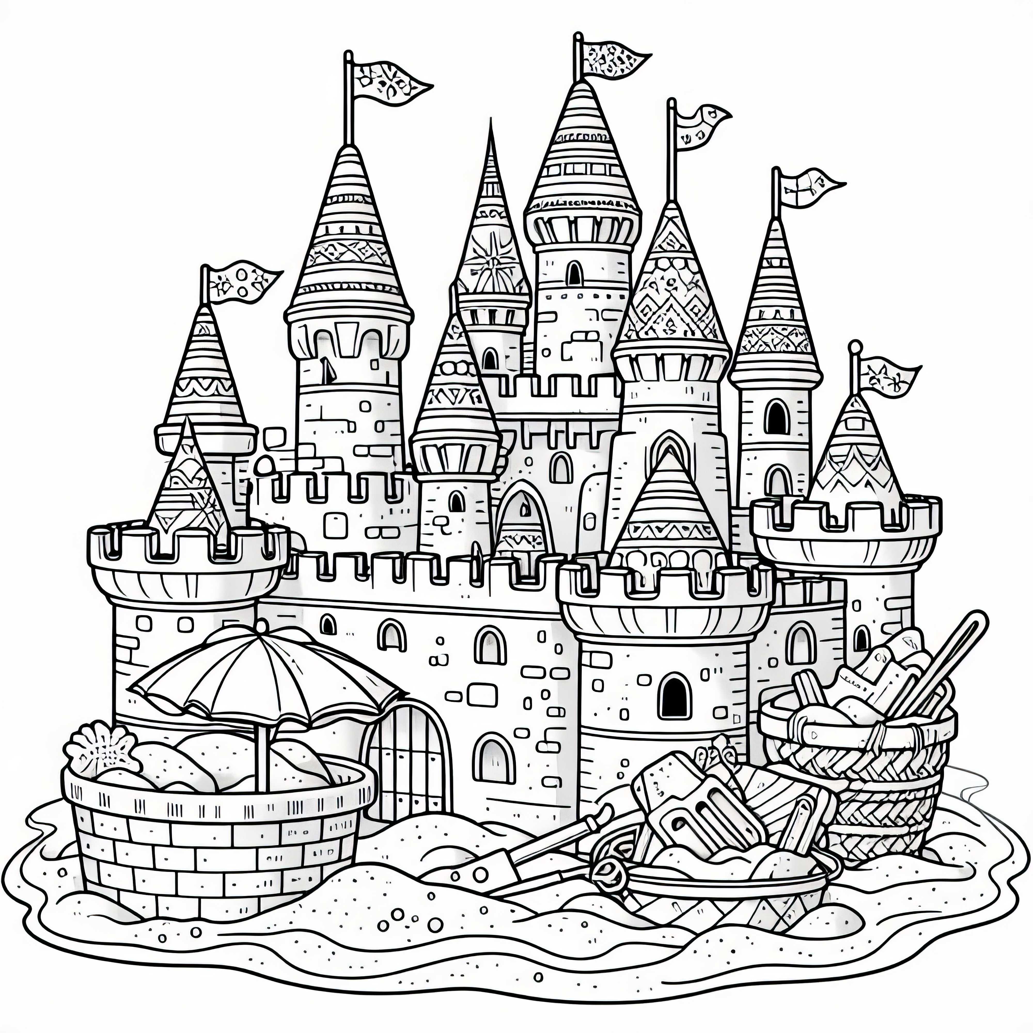 Большой песочный замок с башнями и флагами в песочнице – бесплатная раскраска Большой песчаный замок с башнями и флагами в песочнице – бесплатный раскраски