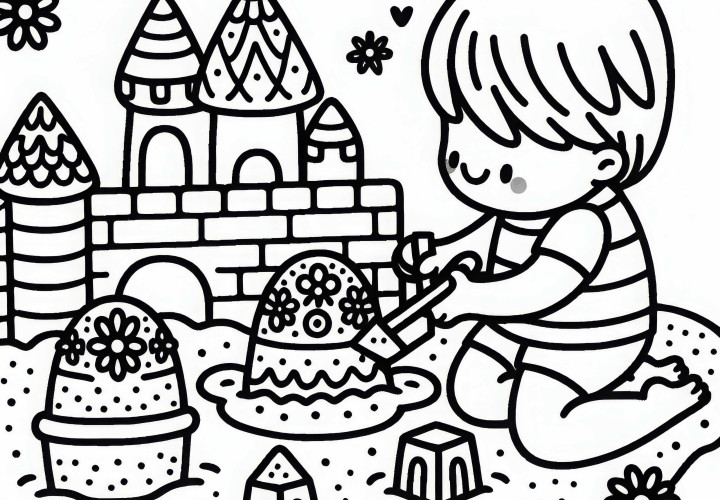 Доброе дитя лепит красивые песочные фигуры в песочнице – раскраска бесплатно