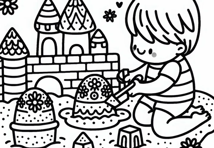 Доброе дитя лепит красивые песочные фигуры в песочнице – раскраска бесплатно