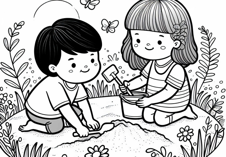 Дети копают яму в песочнице – бесплатный раскраска