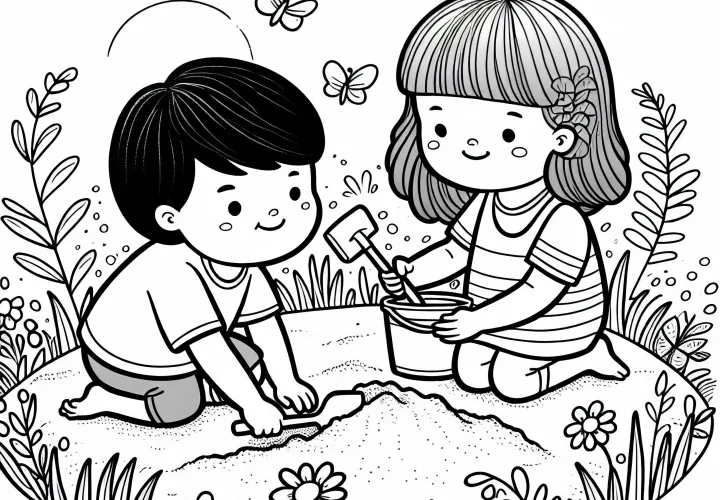 Дети копают яму в песочнице – бесплатный раскраска