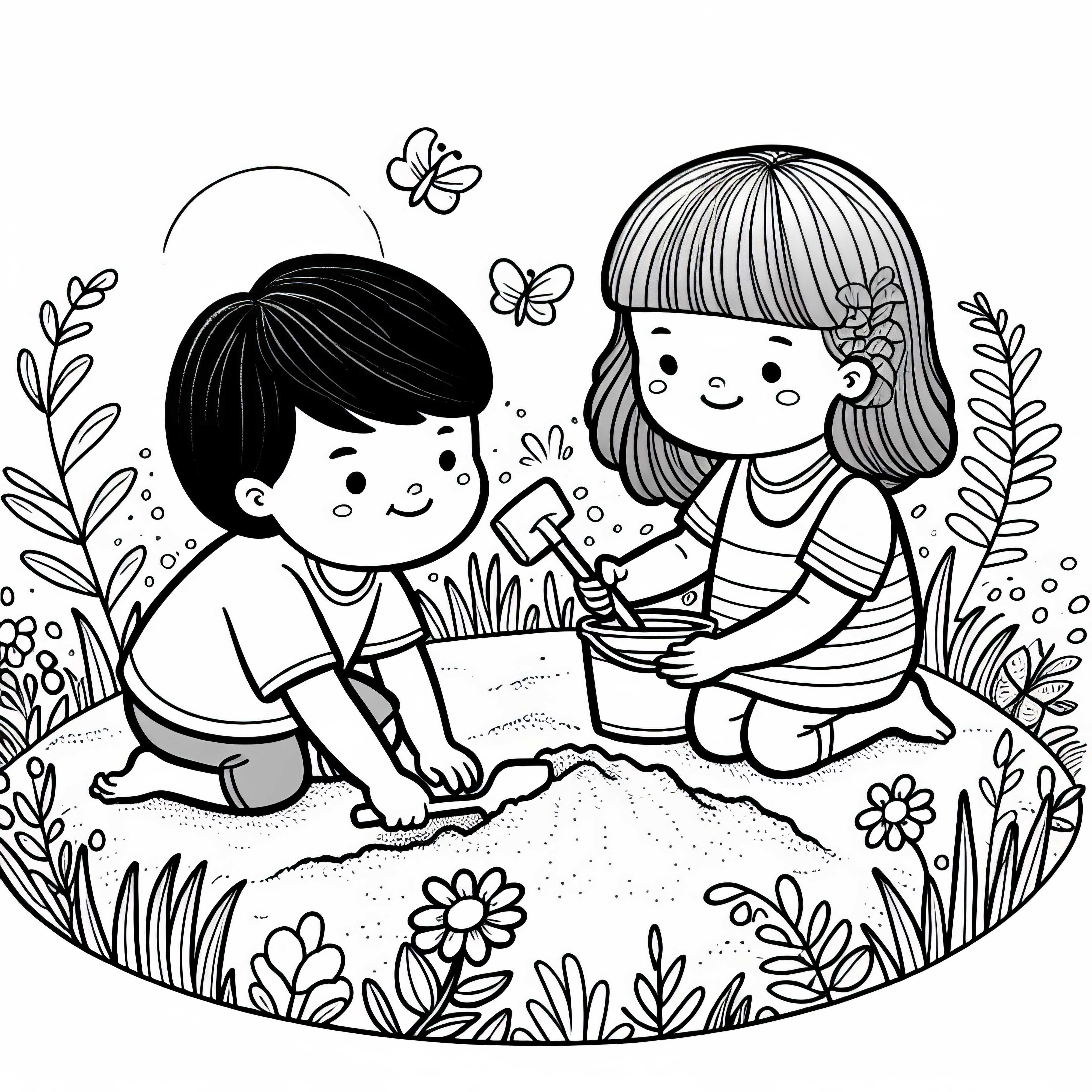 Дети копают яму в песочнице – бесплатный раскраска