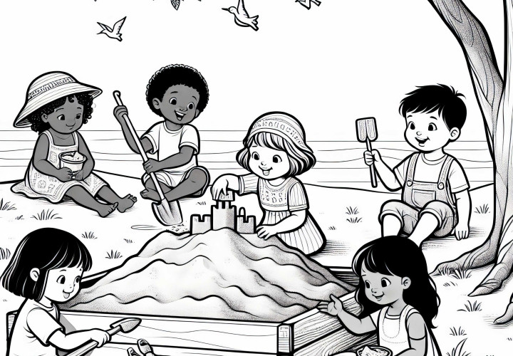 Песочница с играющими детьми – бесплатная раскраска