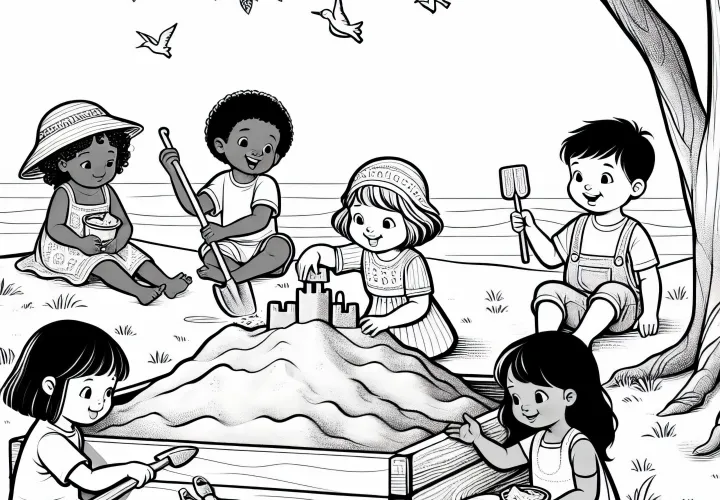 Песочница с играющими детьми – бесплатная раскраска