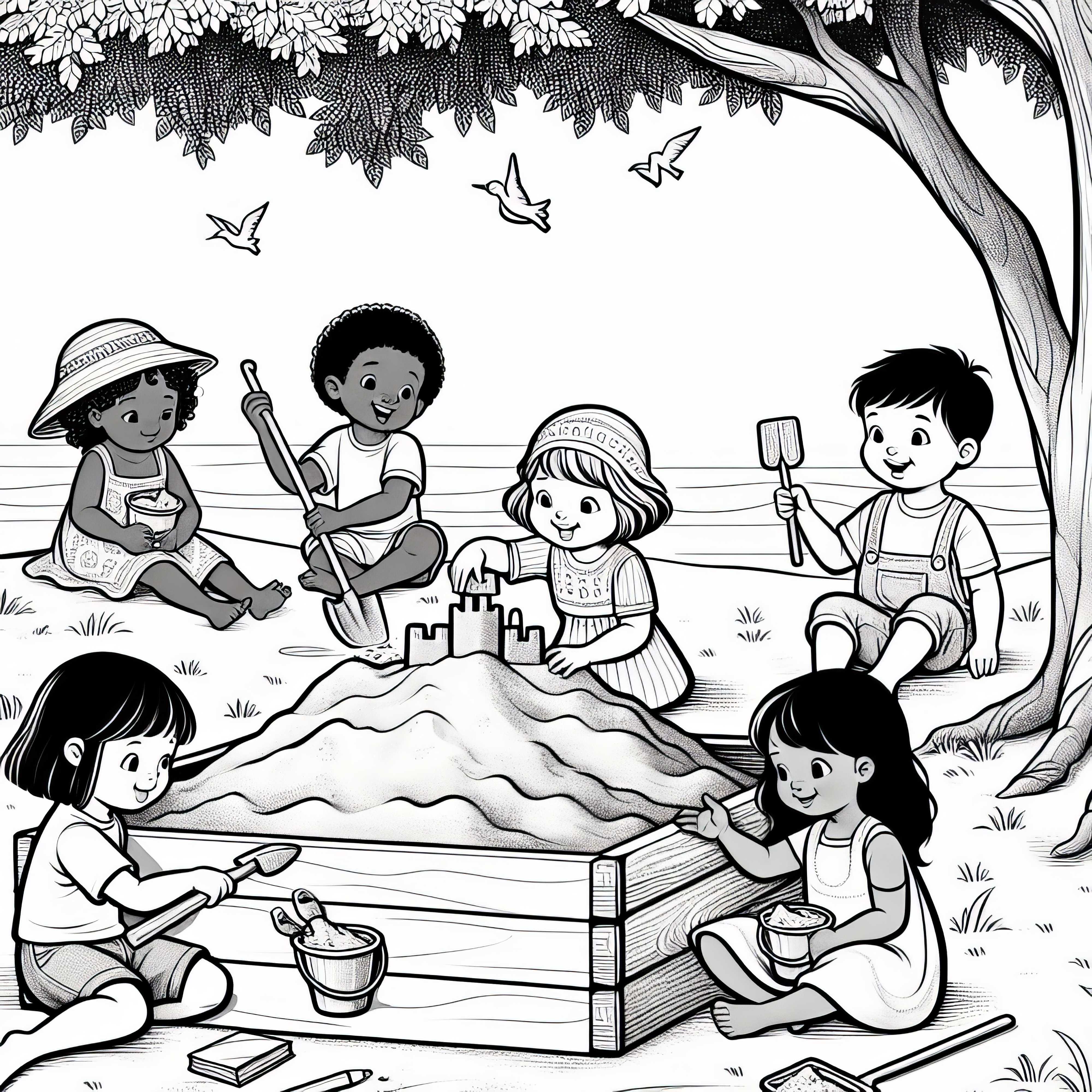 Песочница с играющими детьми – Раскраска бесплатно Песочница с играющими детьми – Раскраска бесплатно