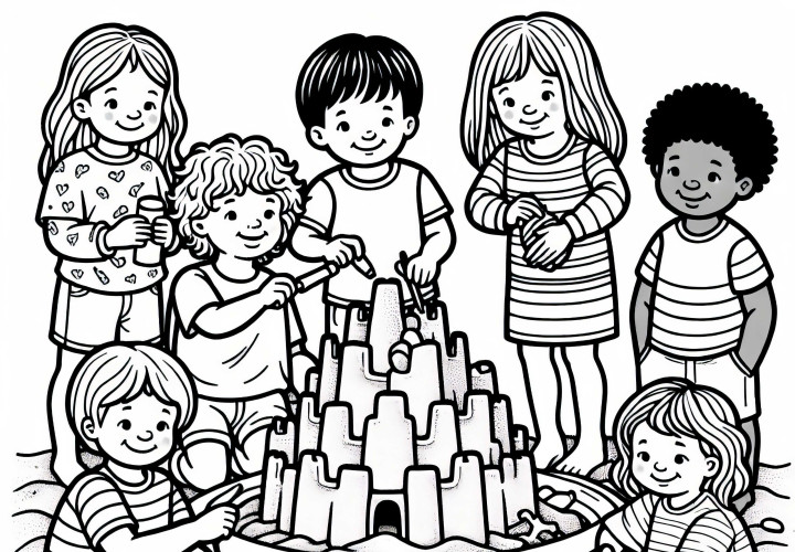 Дети украшают свой песочный замок в песочнице ракушками и камнями – Раскраска бесплатно