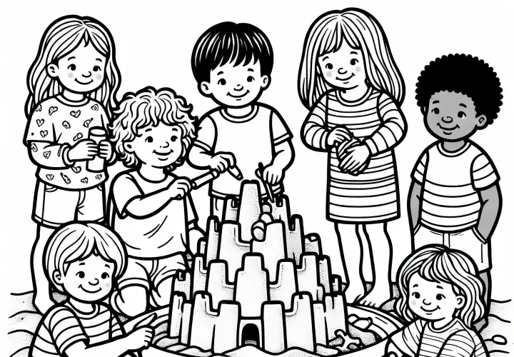 Дети украшают свой песочный замок в песочнице ракушками и камнями – Раскраска бесплатно